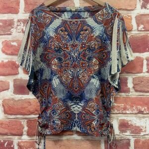 Energe World Wear Top Women's Large Multicolor Boho Abstract Side Tie Shirt